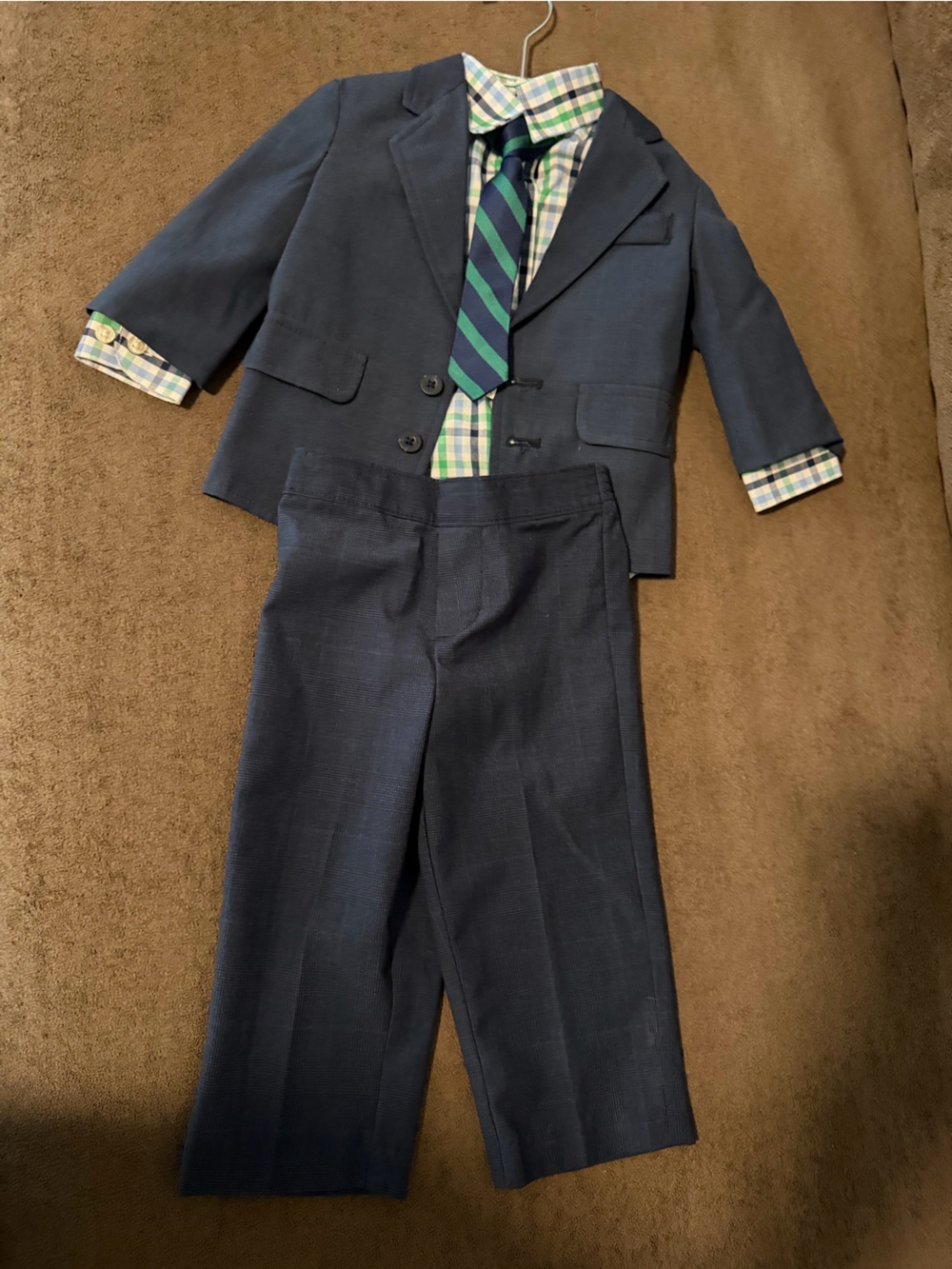 Starting Out Navy Blue Boys' Two-Piece Suit with Green Striped Tie